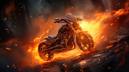 Motorcycle burning in flames on a dark background.の素材