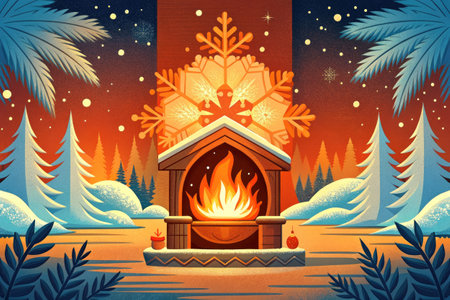 Christmas fireplace in the forest. Christmas greeting card.の素材