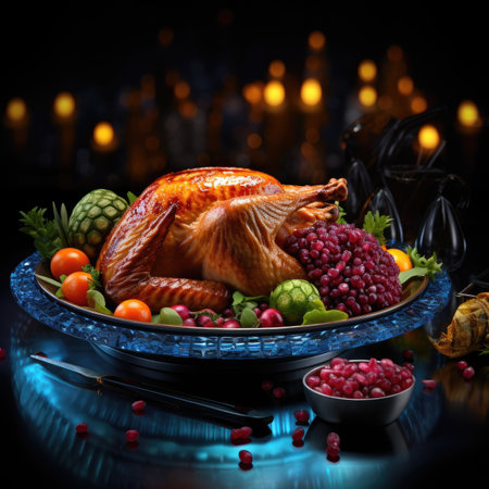 roasted turkey with pomegranate and cranberry on dark backgroundの素材