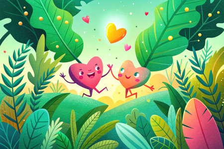 Valentine's day card with hearts in the jungle.の素材