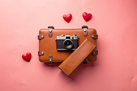 retro camera and red hearts on pink backgroundの素材