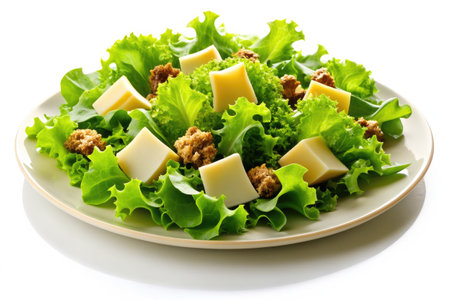 Salad with cheese and walnuts on a plate, isolated on whiteの素材