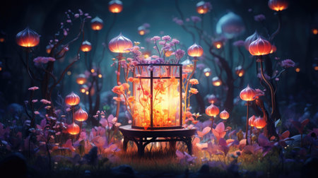 Lantern in the forest at nightの素材