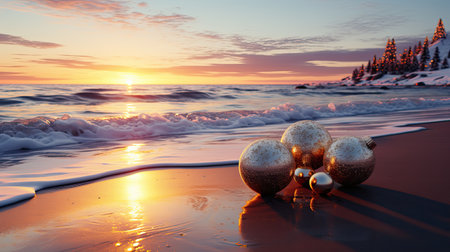 Christmas balls on the beach at sunset. Beautiful winter landscape.の素材