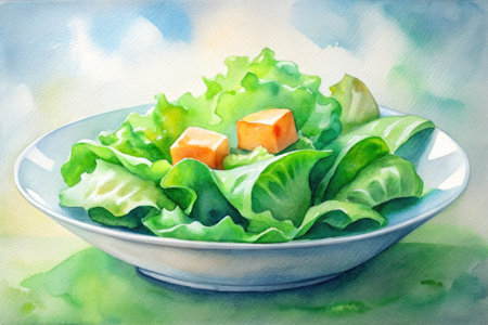 Salad in a blue plate on a white background.の素材
