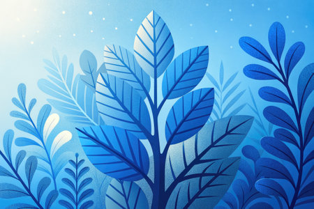 Blue background with leaves and sun.の素材