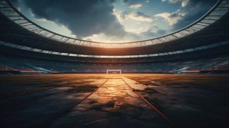empty football stadium at sunset with lights and flaresの素材