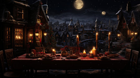 Halloween night scene with haunted house and full moon.の素材