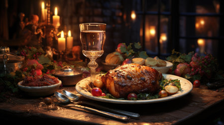 Traditional Christmas table with turkey, apples and wineの素材