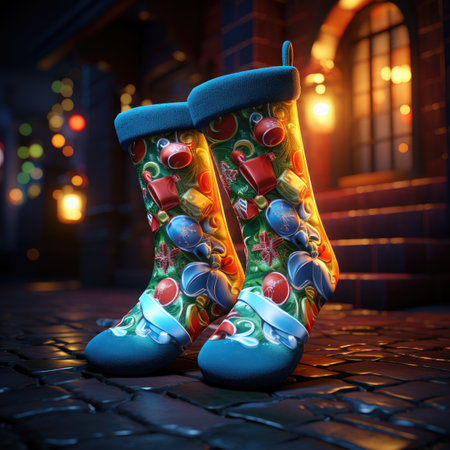 Christmas boots on the street at night,の素材