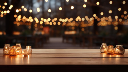 Empty wooden table in front of blurred cafe interior with bokeh lightsの素材