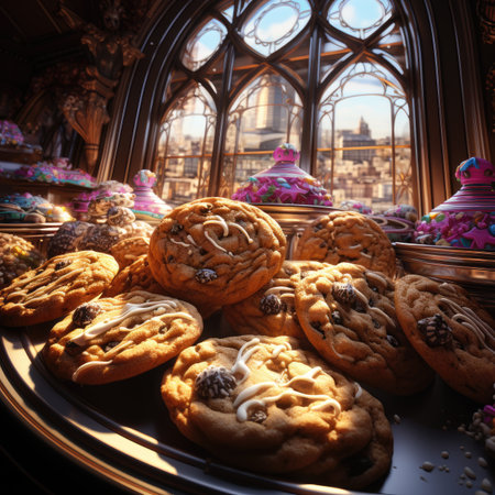 Chocolate chip cookies in front of the windowの素材