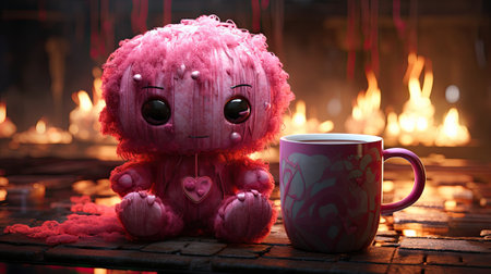 Cup of tea or coffee with cute pink doll on the background of the fireplaceの素材