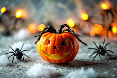Halloween pumpkin head jack o lantern with spiders on snow, blurred backgroundの素材