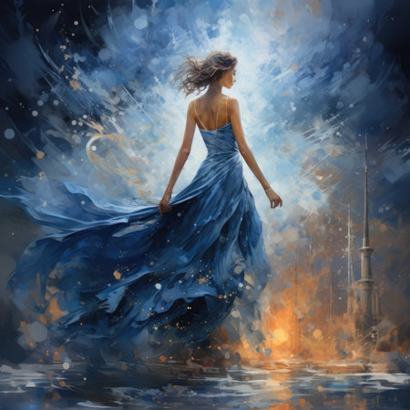 Beautiful girl in a blue dress dancing in the cityの素材