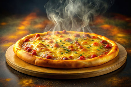 Pizza with sausages and mozzarella on dark backgroundの素材
