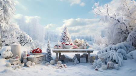 Winter landscape with snow covered trees and Christmas decorationsの素材