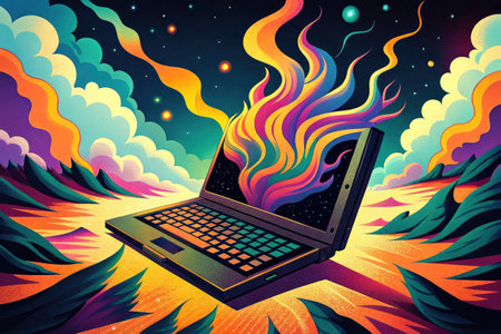Laptop on fire in the night sky.の素材