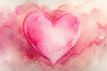 Watercolor pink heart on watercolor paper backgroundの素材