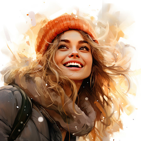 Portrait of a beautiful smiling girl in winter clothes and orange hat.の素材
