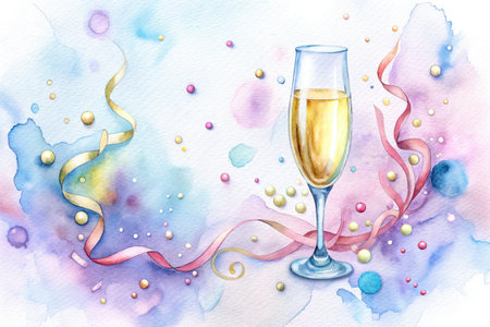 Watercolor illustration of a glass of champagne and streamers on watercolor backgroundの素材
