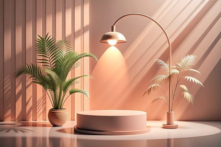Minimalistic scene with podium and palm leaves.の素材