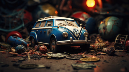 Vintage car and old toys on the floor.の素材