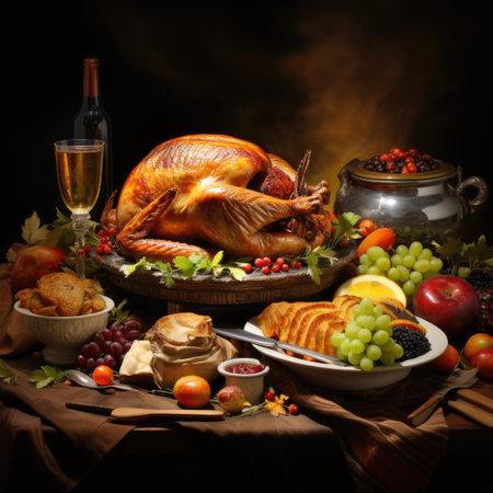 Thanksgiving dinner with roasted turkey on wooden table with wine and fruitsの素材