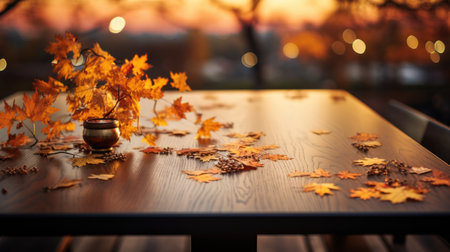 Autumn leaves on a wooden table in a cafe. Selective focus.の素材