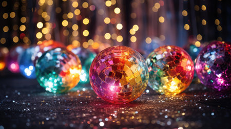 Colorful christmas balls on bokeh background. New Year and Christmas concept.の素材