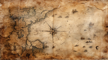 Old map with compass on grunge paper background. Vintage style.の素材