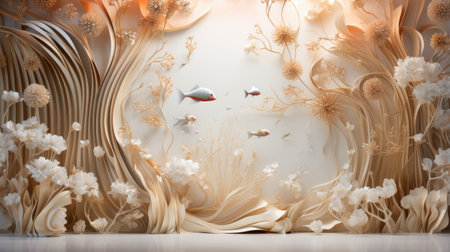 abstract background with gold and white flowers and fishの素材