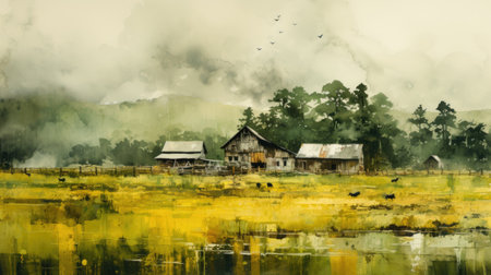Rural landscape with house and lake in the morningの素材