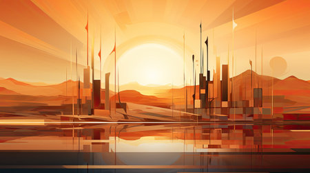 Sunset in the desert with skyscrapers.の素材