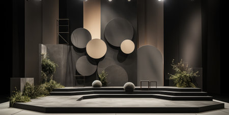 modern exhibition stand with geometric shapes and podiumsの素材