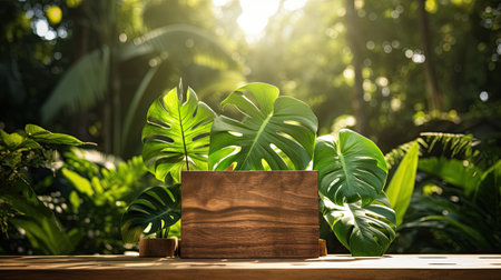 Wooden box with Monstera leaf on wooden table in garden.の素材