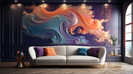 Interior of living room with blue walls, wooden floor, purple sofa and armchair with pillows.の素材