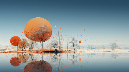 Landscape with trees and orange sun.の素材