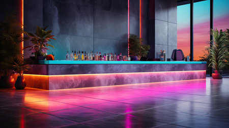Interior of a modern bar with colorful lights.の素材