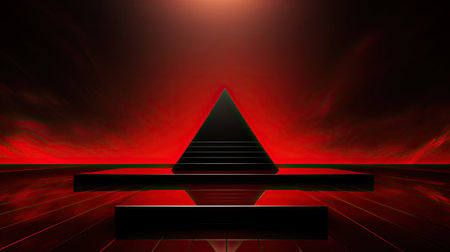 Red stage with stairs on a dark background.の素材