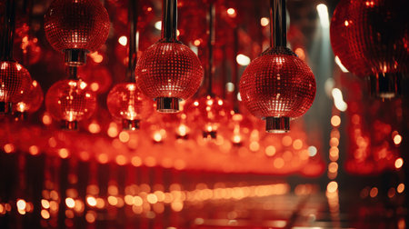 Close up view of hanging light bulbs with bokeh background.の素材