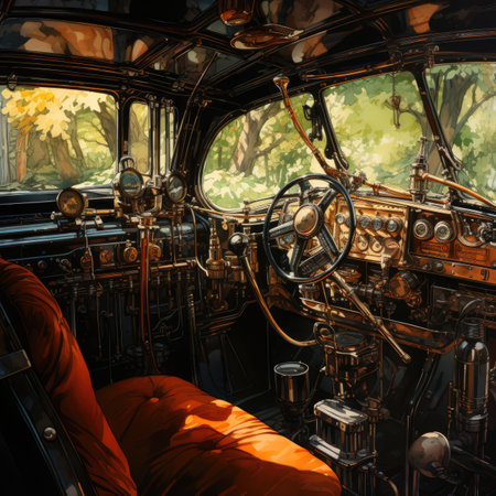 Interior of an old car with a view of the forest.の素材