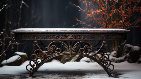 Vintage metal table in the winter garden. Selective focus.の素材