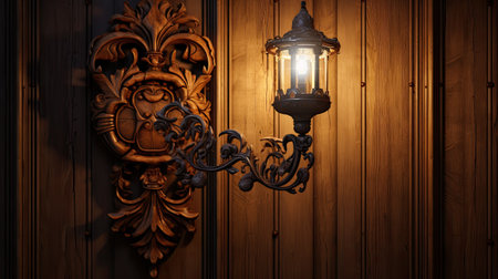 Vintage lamp on the wooden door. Vintage style.の素材
