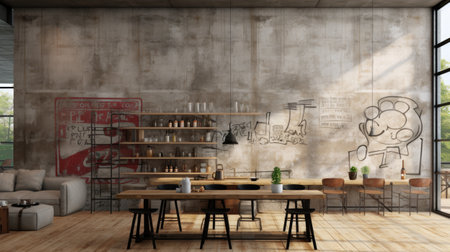 Interior of a modern coffee shop with a concrete wallの素材