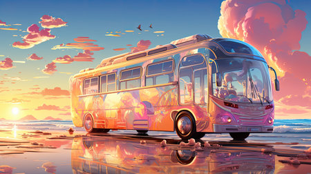 Tourist bus on the beach at sunset.の素材