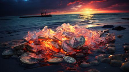 Burning heart-shaped coins on the sea shore at sunset.の素材