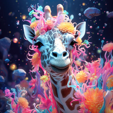 Fantasy illustration with giraffe and flowers.の素材