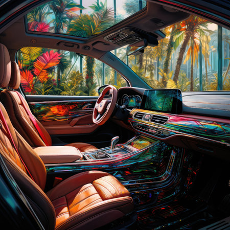 Interior of a modern car with leather seats and steering wheel.の素材