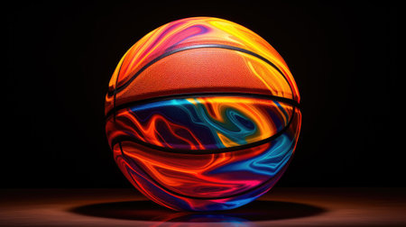 Basketball ball with neon lights on black background.の素材